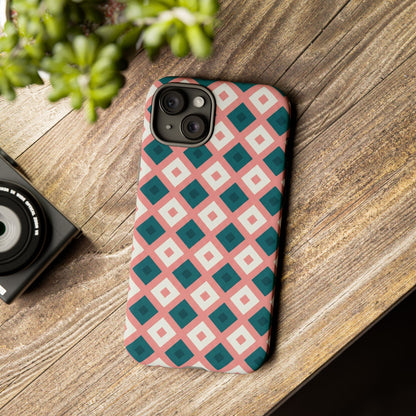 Geometric Diamond Pattern Tough Phone Case — Pink & Teal Protective Cover