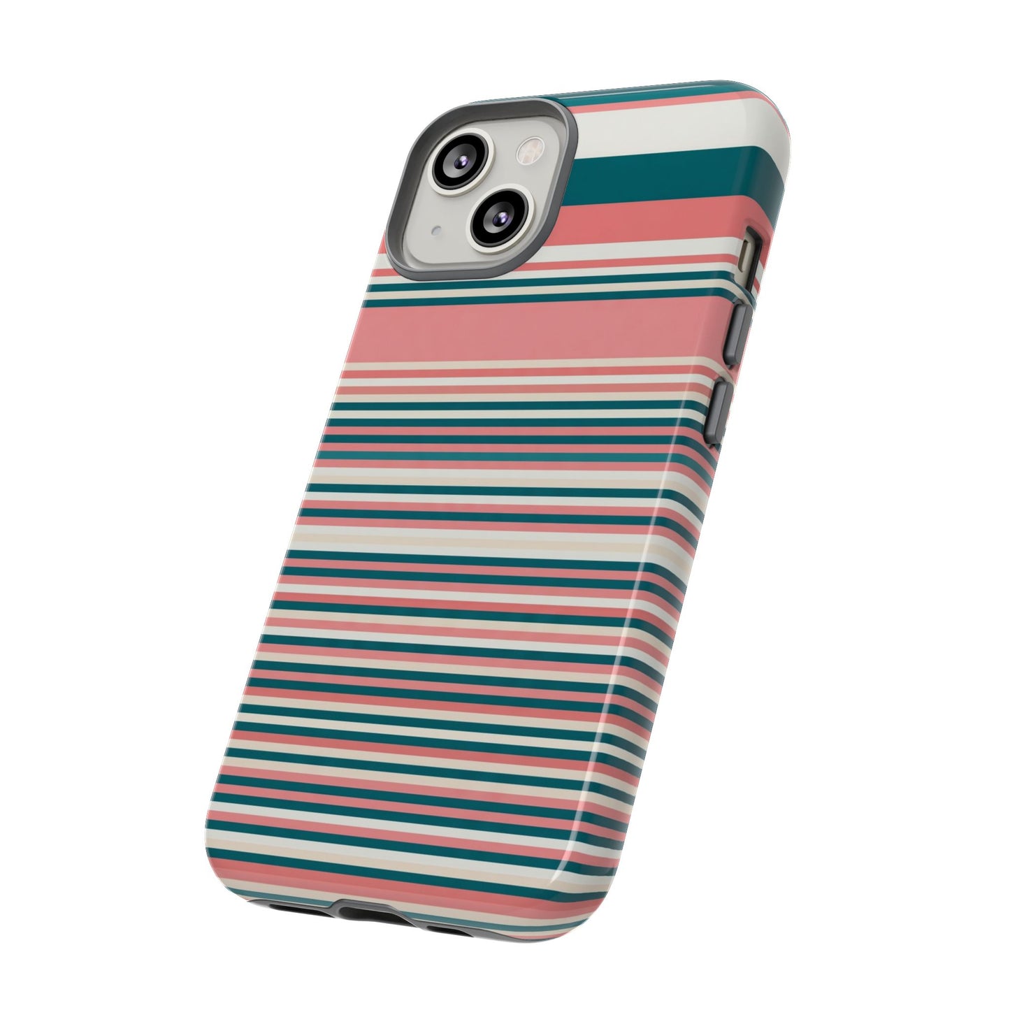 Striped Tough Phone Case — Coral, Teal & White Protective Cover