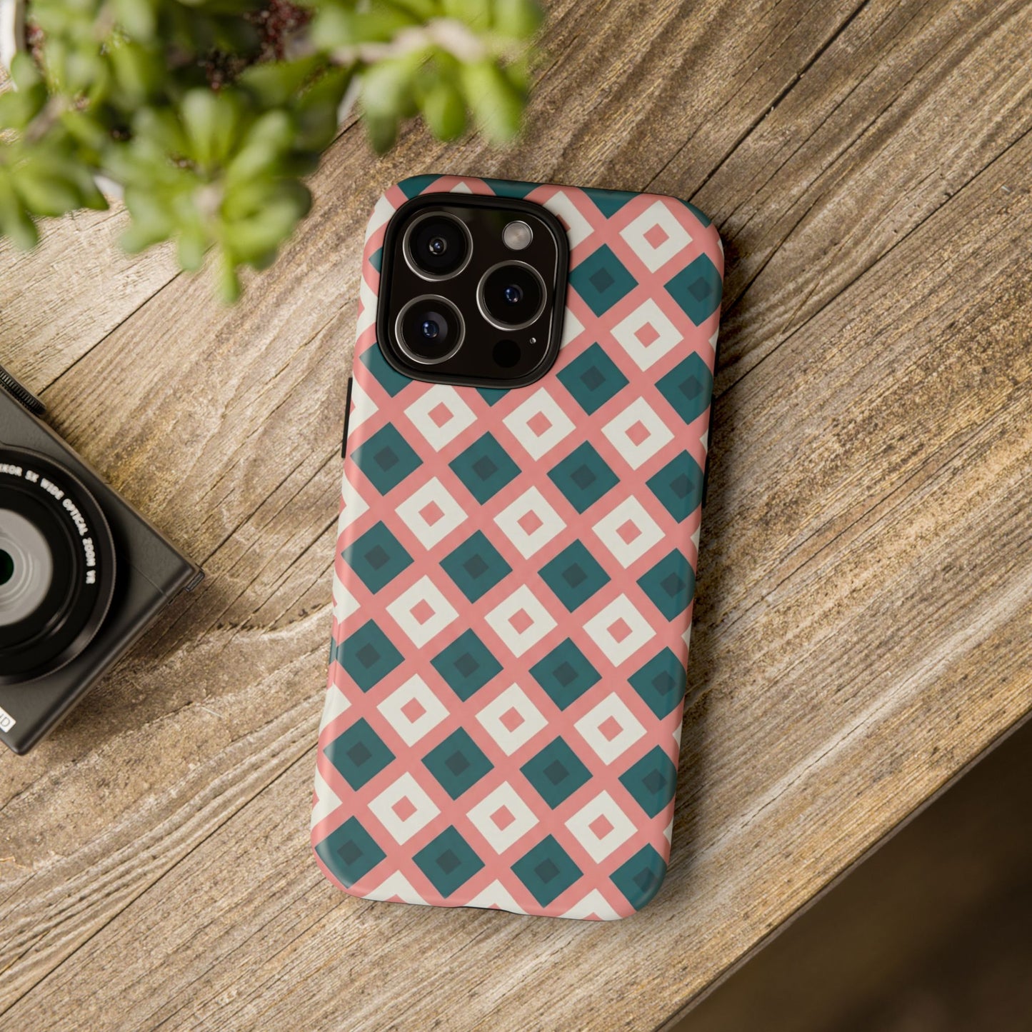 Geometric Diamond Pattern Tough Phone Case — Pink & Teal Protective Cover