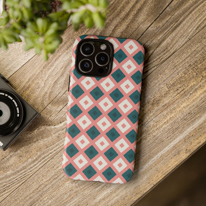 Geometric Diamond Pattern Tough Phone Case — Pink & Teal Protective Cover