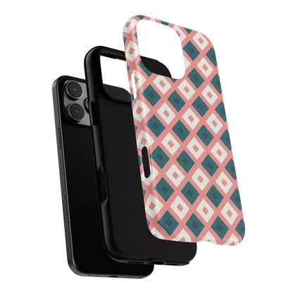Geometric Diamond Pattern Tough Phone Case — Pink & Teal Protective Cover
