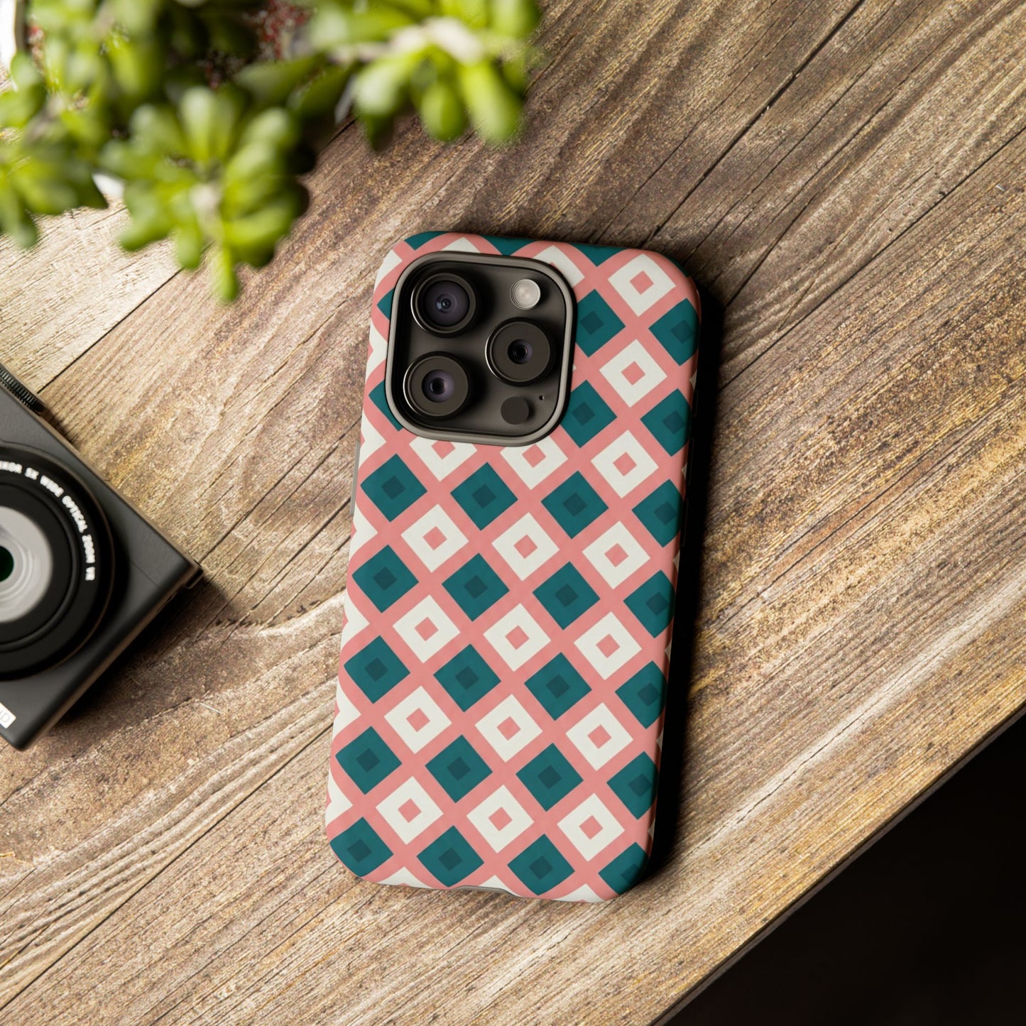 Geometric Diamond Pattern Tough Phone Case — Pink & Teal Protective Cover