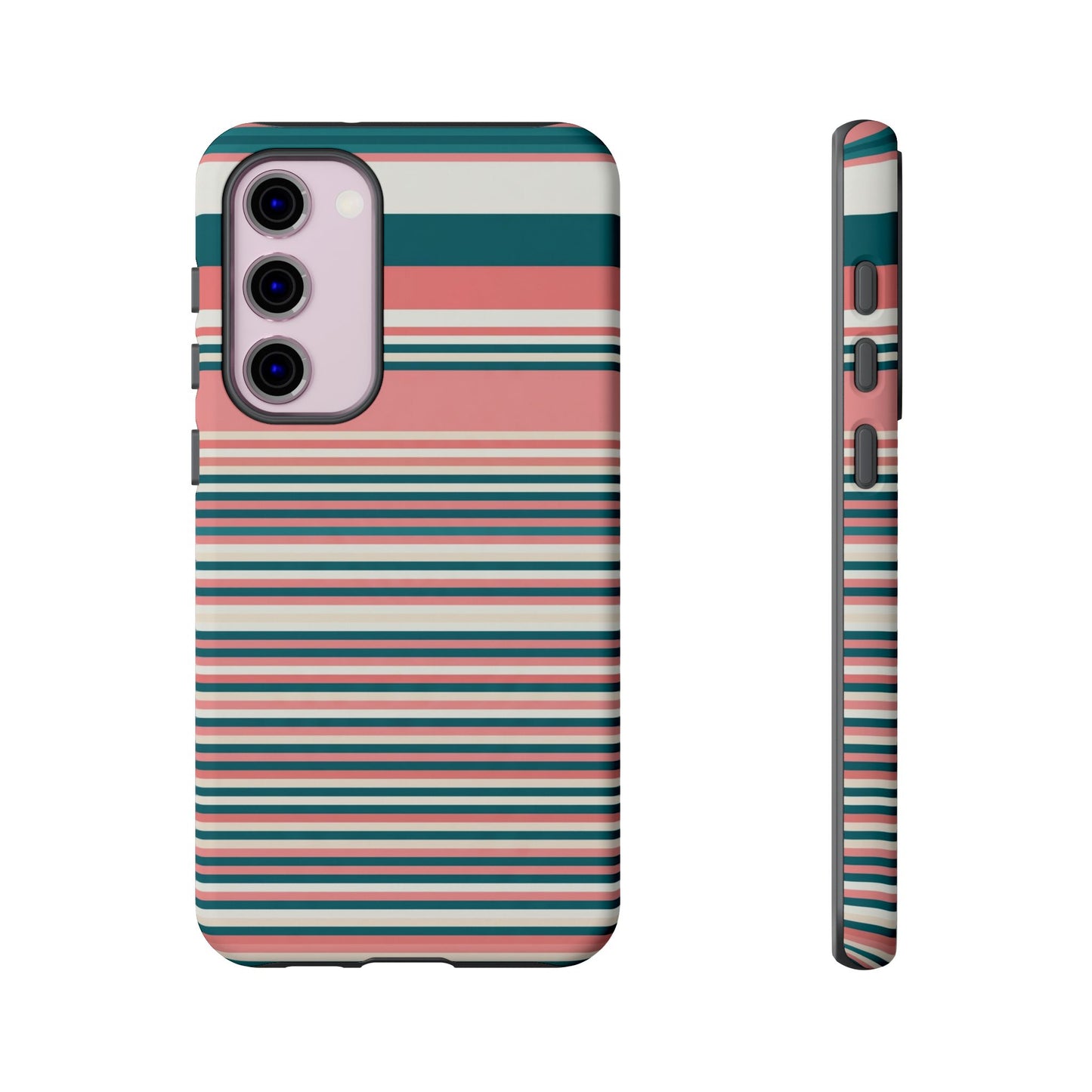 Striped Tough Phone Case — Coral, Teal & White Protective Cover