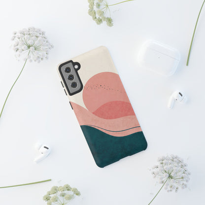 Abstract Sunset Waves Tough Phone Case — Pink & Teal Protective Cover