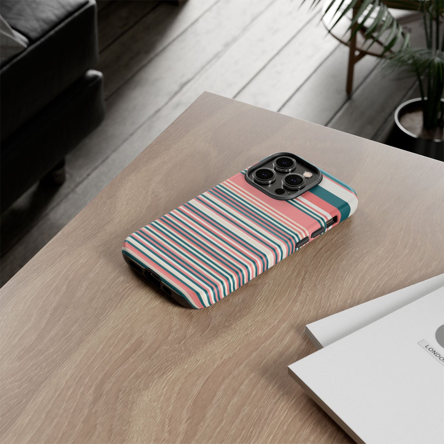 Striped Tough Phone Case — Coral, Teal & White Protective Cover