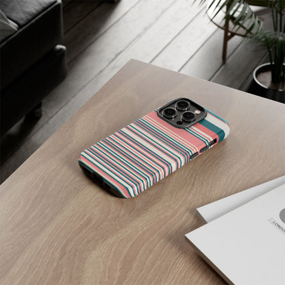 Striped Tough Phone Case — Coral, Teal & White Protective Cover