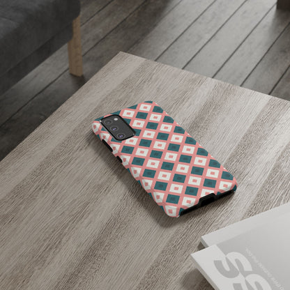 Geometric Diamond Pattern Tough Phone Case — Retro Pink & Teal Protective Cover