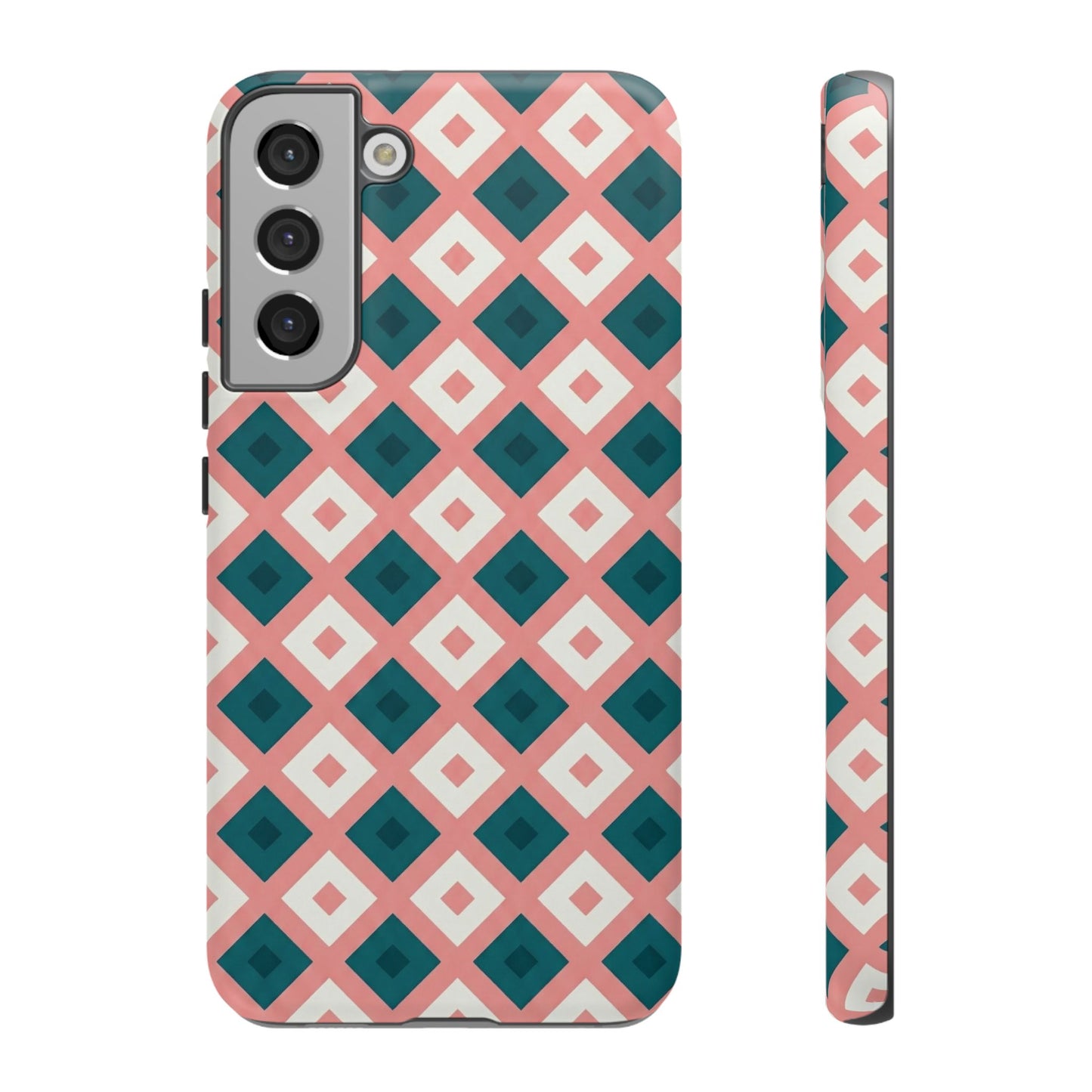 Geometric Diamond Pattern Tough Phone Case — Retro Pink & Teal Protective Cover