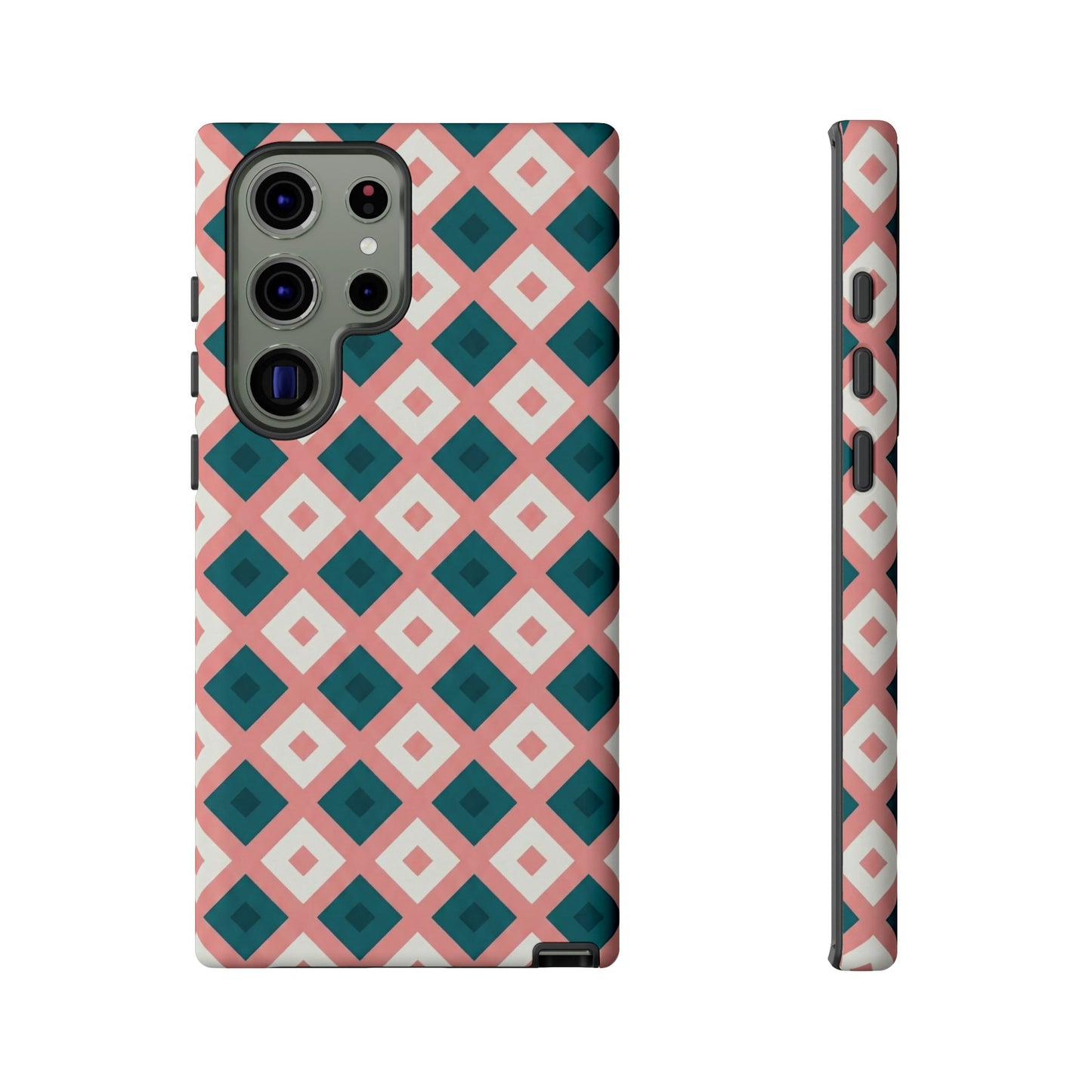 Geometric Diamond Pattern Tough Phone Case — Retro Pink & Teal Protective Cover