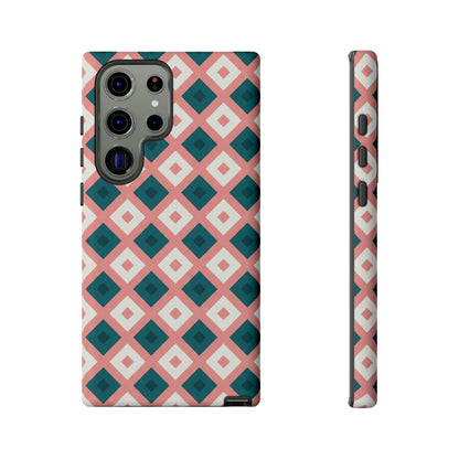Geometric Diamond Pattern Tough Phone Case — Retro Pink & Teal Protective Cover