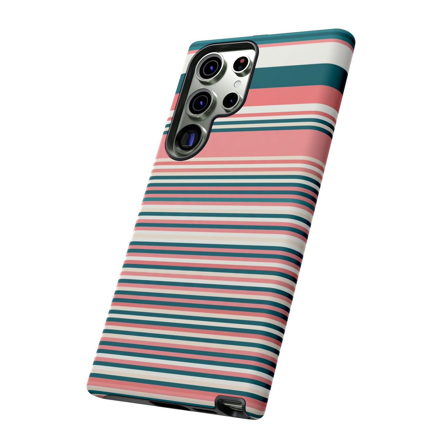 Striped Tough Phone Case — Coral, Teal & White Protective Cover