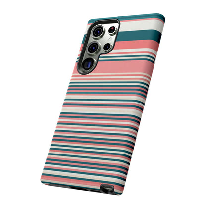 Striped Tough Phone Case — Coral, Teal & White Protective Cover