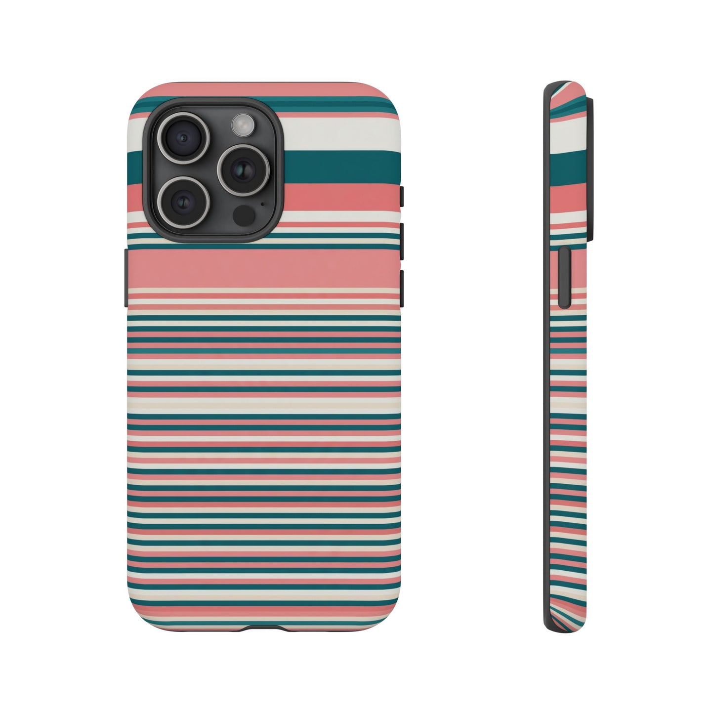 Striped Tough Phone Case — Coral, Teal & White Protective Cover