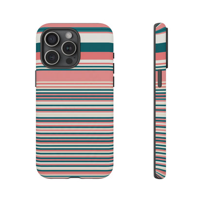 Striped Tough Phone Case — Coral, Teal & White Protective Cover