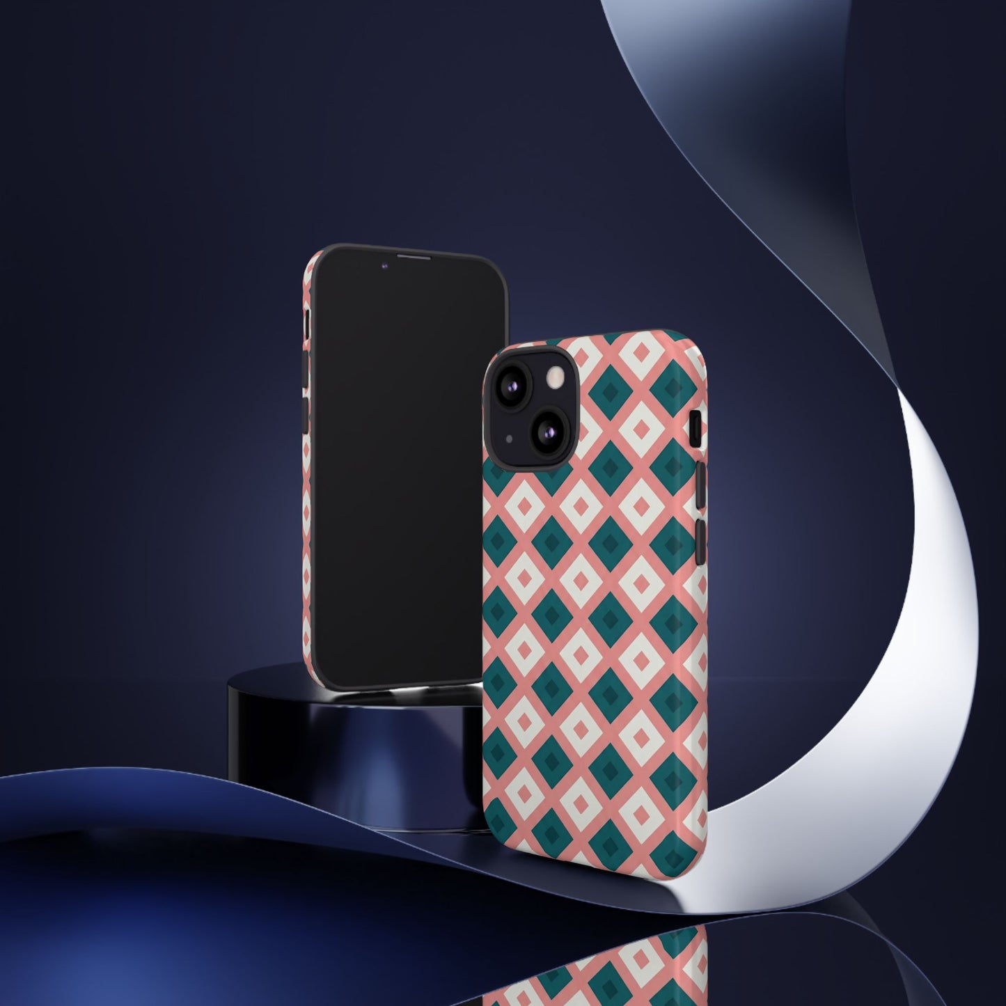 Geometric Diamond Pattern Tough Phone Case — Pink & Teal Protective Cover
