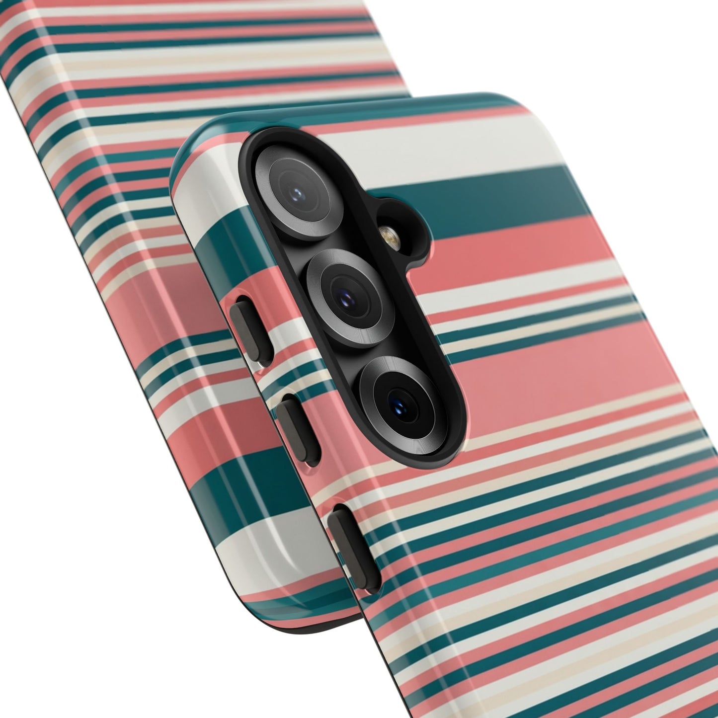 Striped Tough Phone Case — Coral, Teal & White Protective Cover