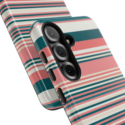 Striped Tough Phone Case — Coral, Teal & White Protective Cover