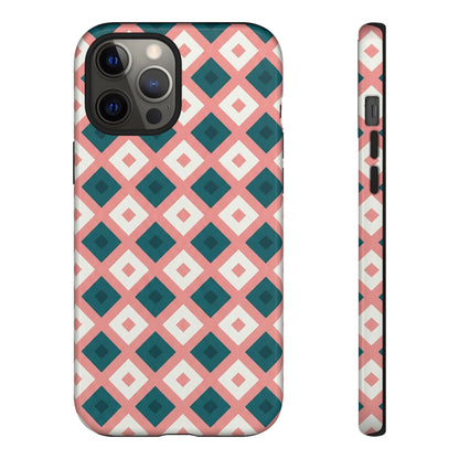 Geometric Diamond Pattern Tough Phone Case — Pink & Teal Protective Cover