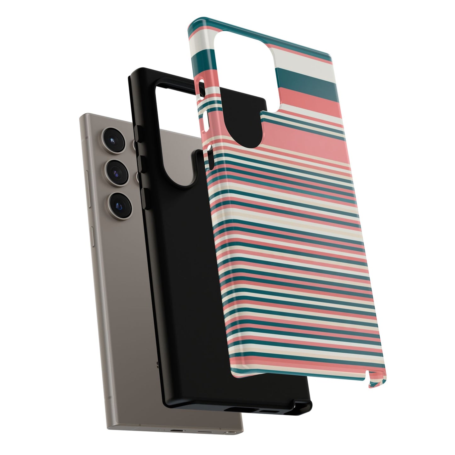 Striped Tough Phone Case — Coral, Teal & White Protective Cover