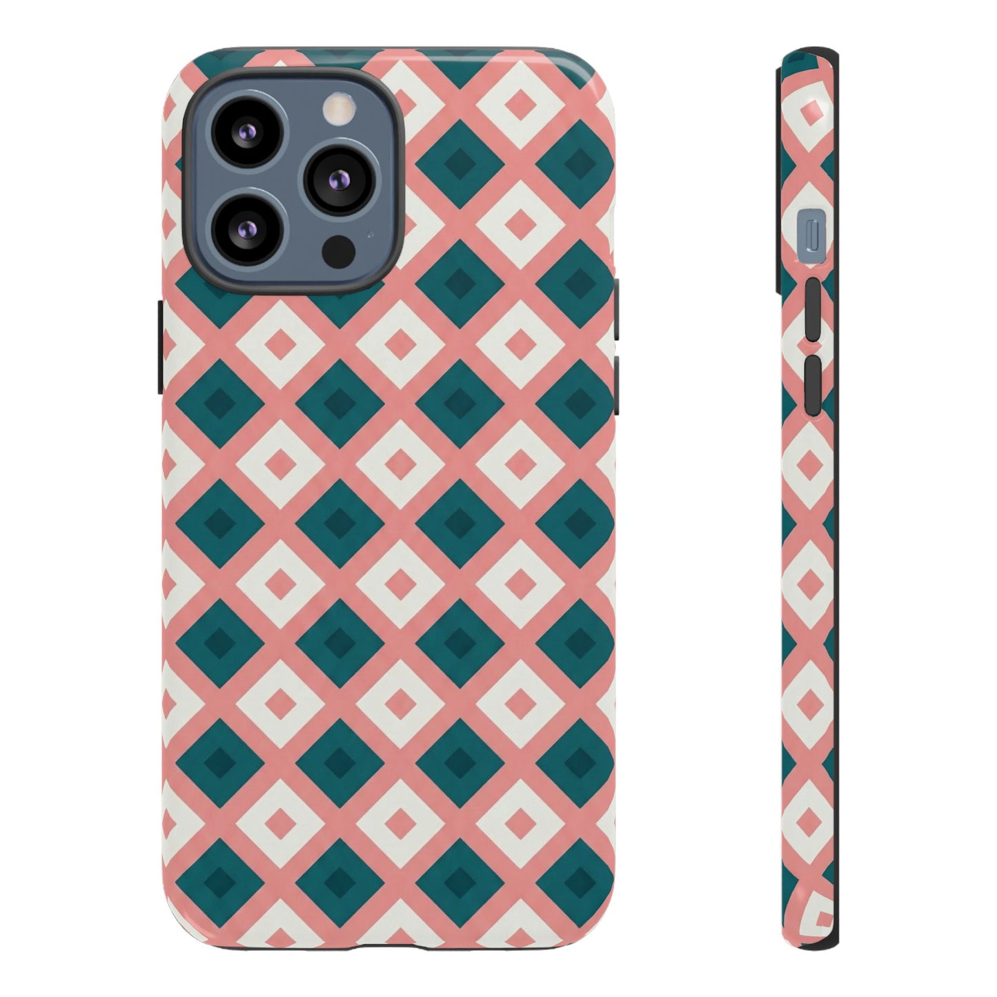 Geometric Diamond Pattern Tough Phone Case — Pink & Teal Protective Cover