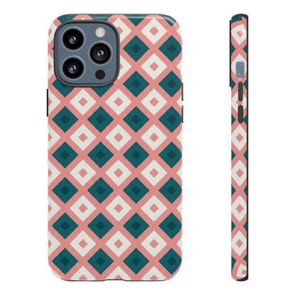 Geometric Diamond Pattern Tough Phone Case — Pink & Teal Protective Cover