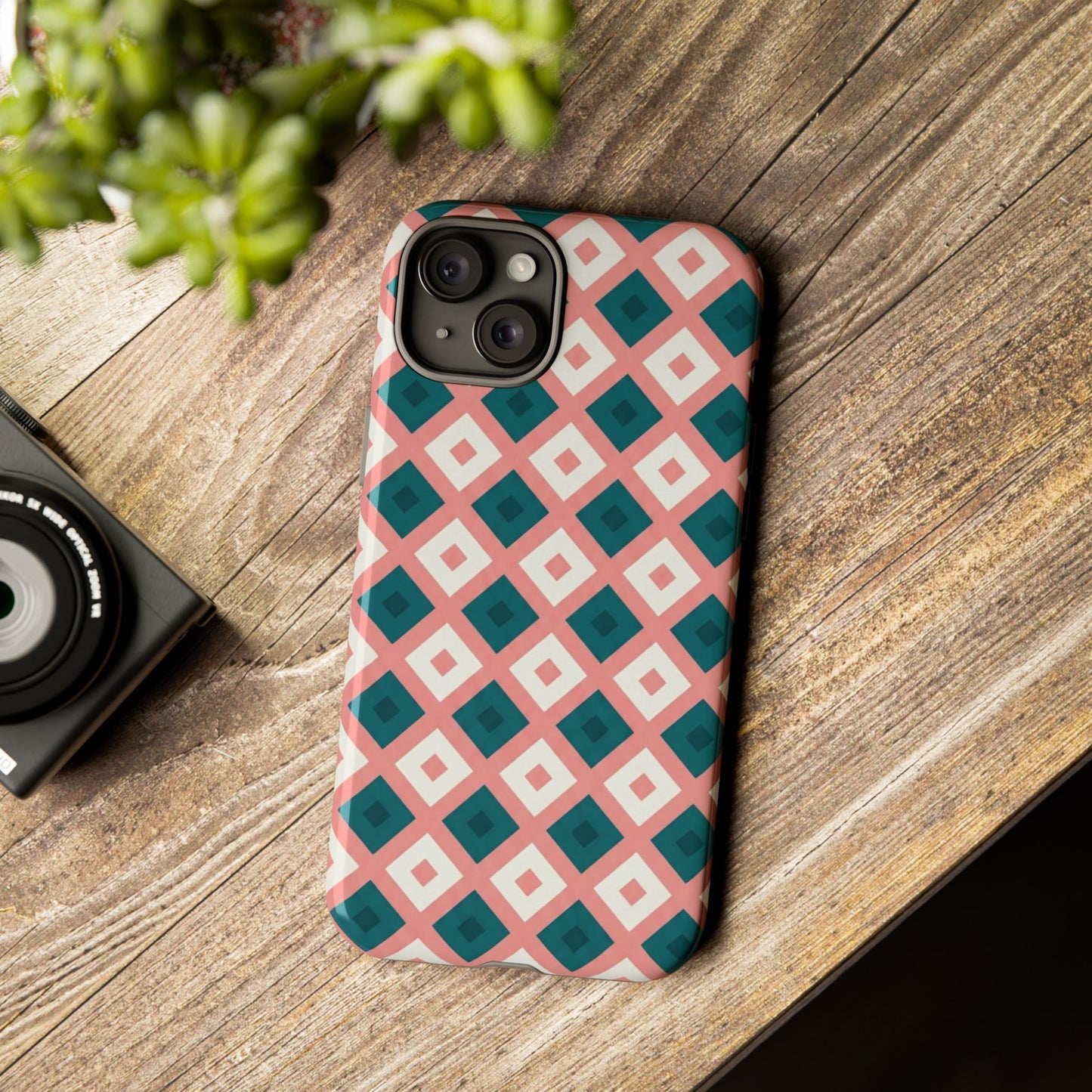 Geometric Diamond Pattern Tough Phone Case — Pink & Teal Protective Cover
