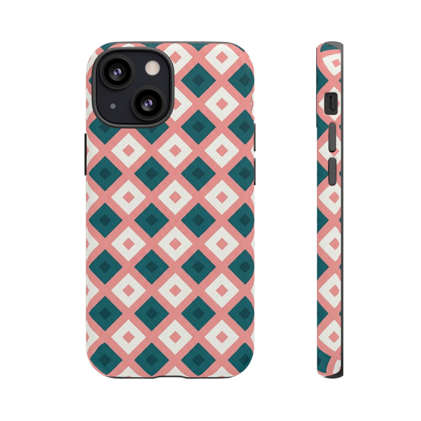 Geometric Diamond Pattern Tough Phone Case — Pink & Teal Protective Cover