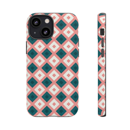 Geometric Diamond Pattern Tough Phone Case — Pink & Teal Protective Cover