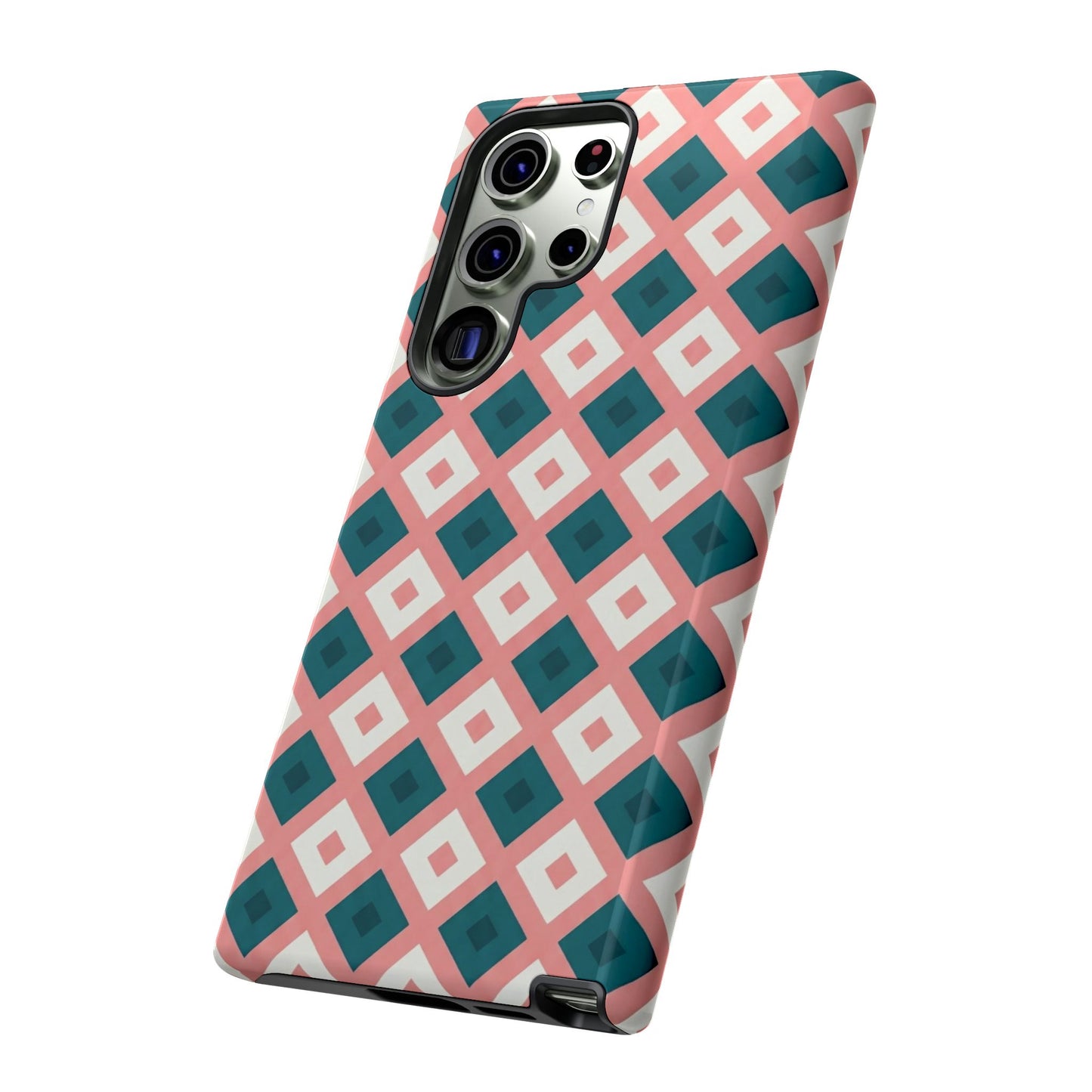 Geometric Diamond Pattern Tough Phone Case — Retro Pink & Teal Protective Cover