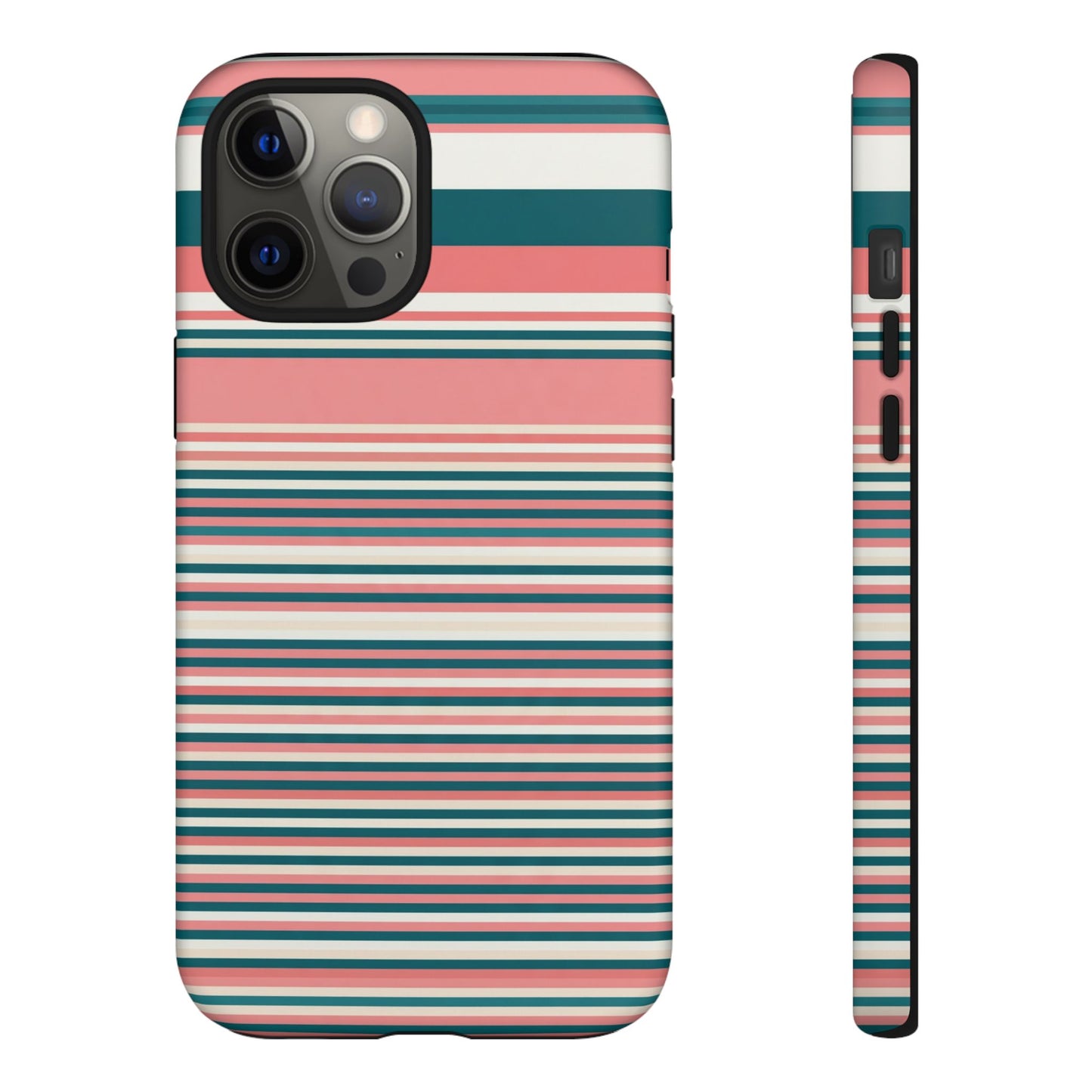 Striped Tough Phone Case — Coral, Teal & White Protective Cover