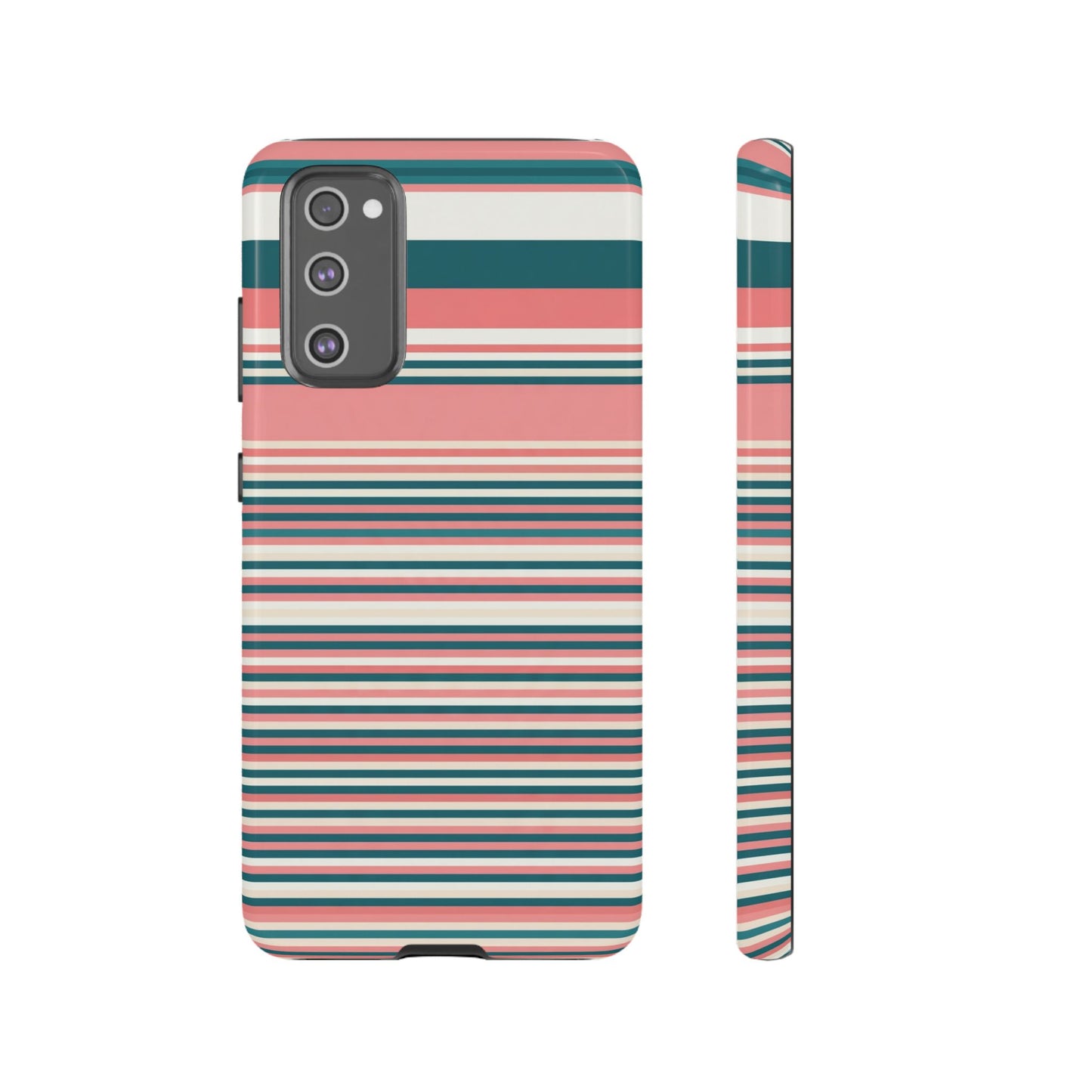 Striped Tough Phone Case — Coral, Teal & White Protective Cover