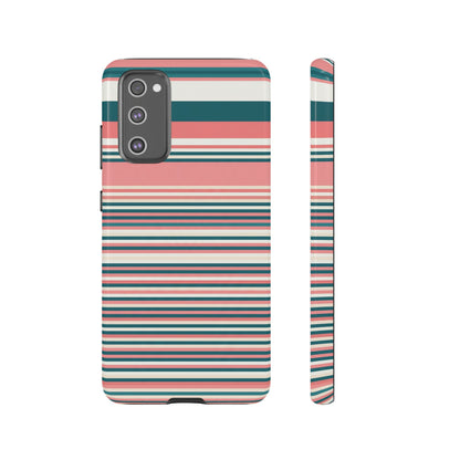 Striped Tough Phone Case — Coral, Teal & White Protective Cover