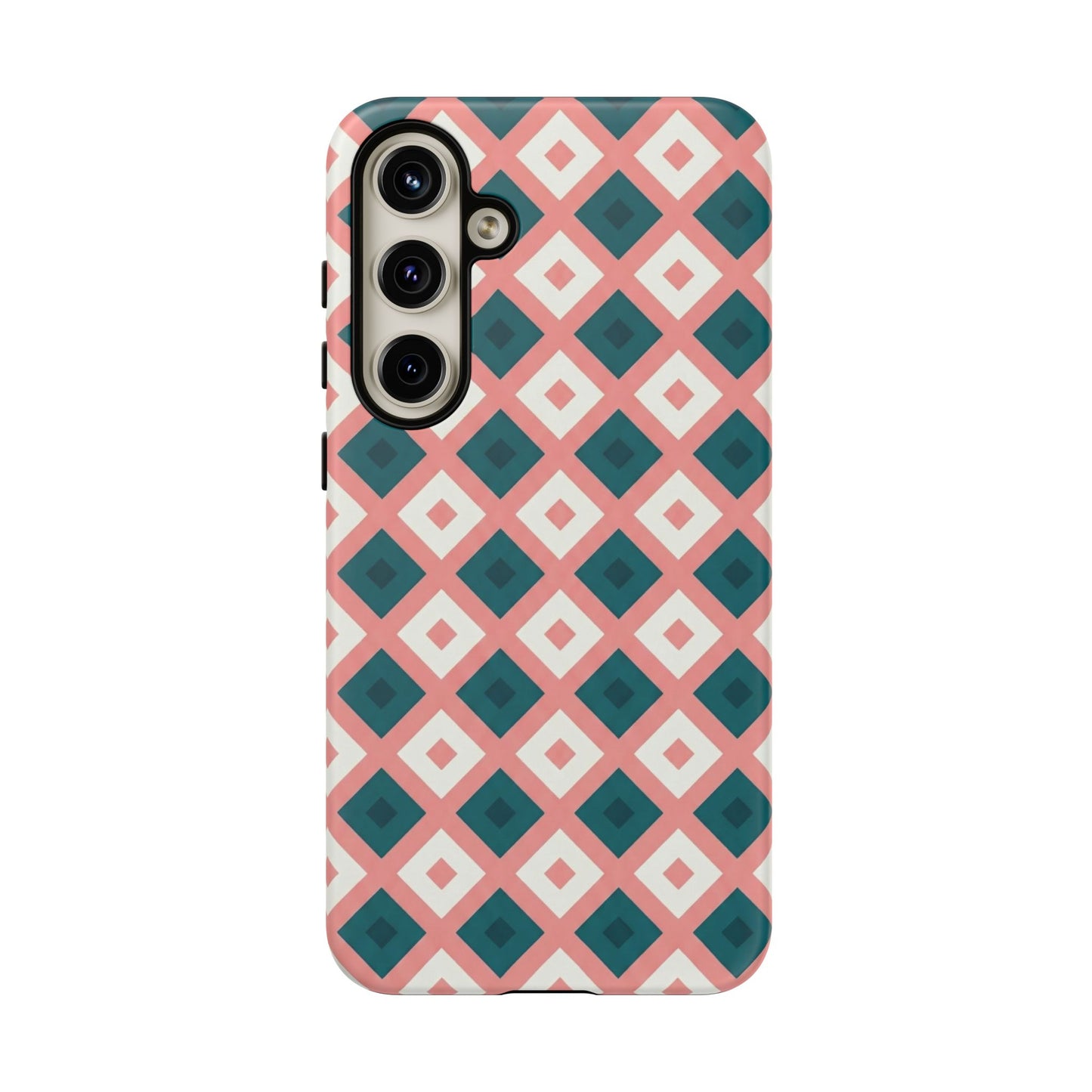 Geometric Diamond Pattern Tough Phone Case — Retro Pink & Teal Protective Cover