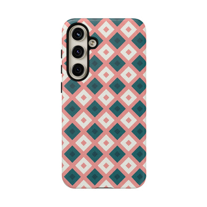 Geometric Diamond Pattern Tough Phone Case — Retro Pink & Teal Protective Cover
