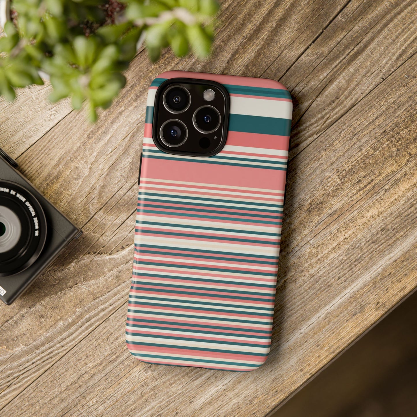 Striped Tough Phone Case — Coral, Teal & White Protective Cover
