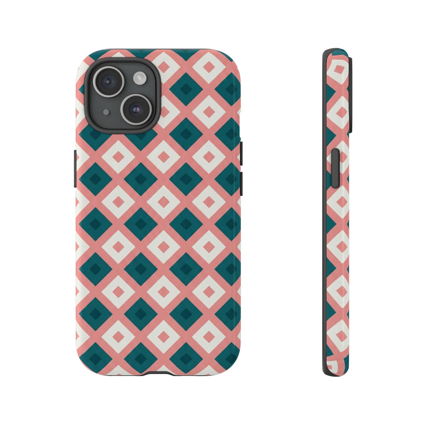 Geometric Diamond Pattern Tough Phone Case — Pink & Teal Protective Cover