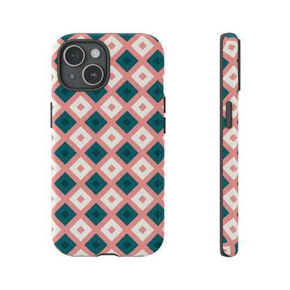Geometric Diamond Pattern Tough Phone Case — Pink & Teal Protective Cover