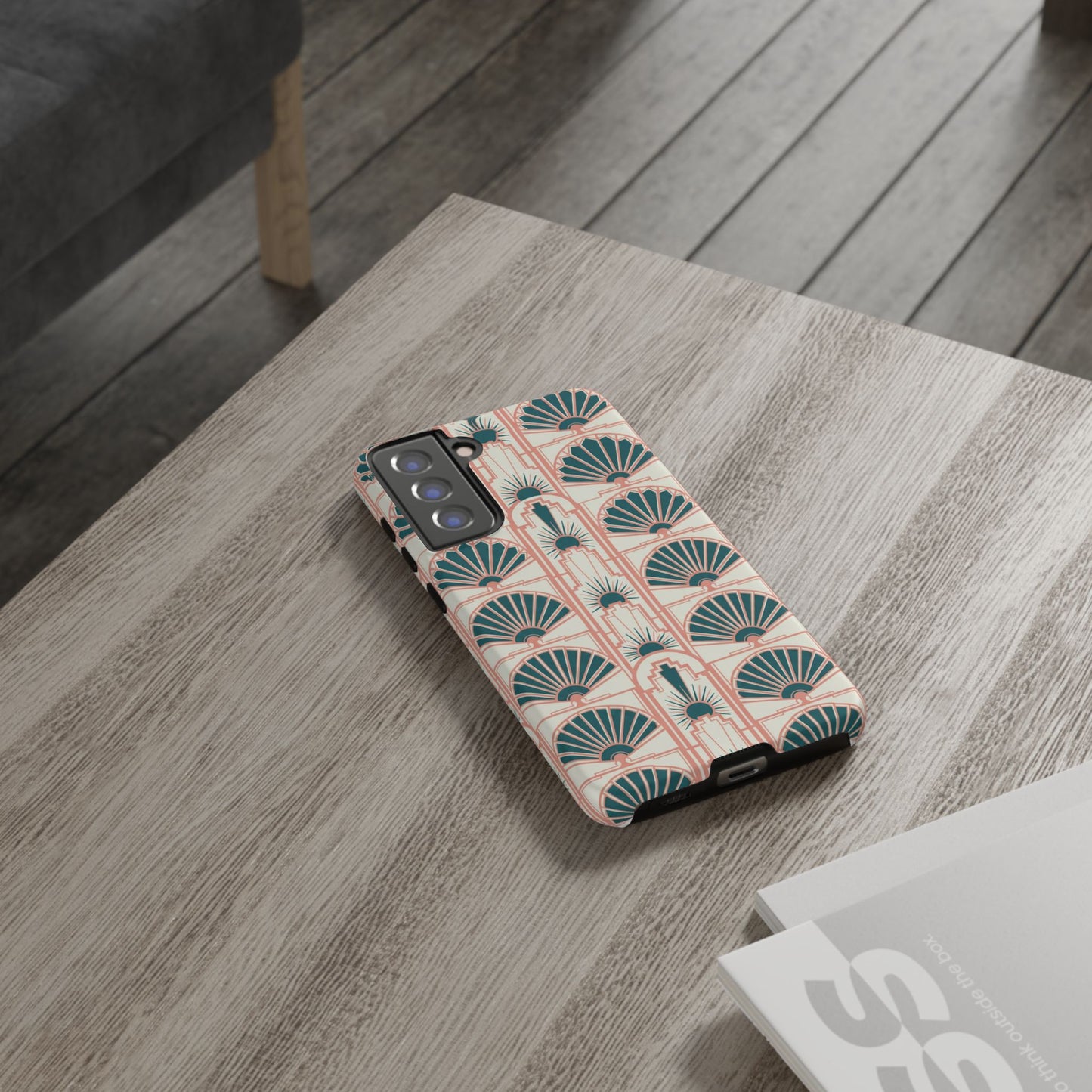 Art Deco Fan Pattern Tough Phone Case — Teal & Blush Retro Protection