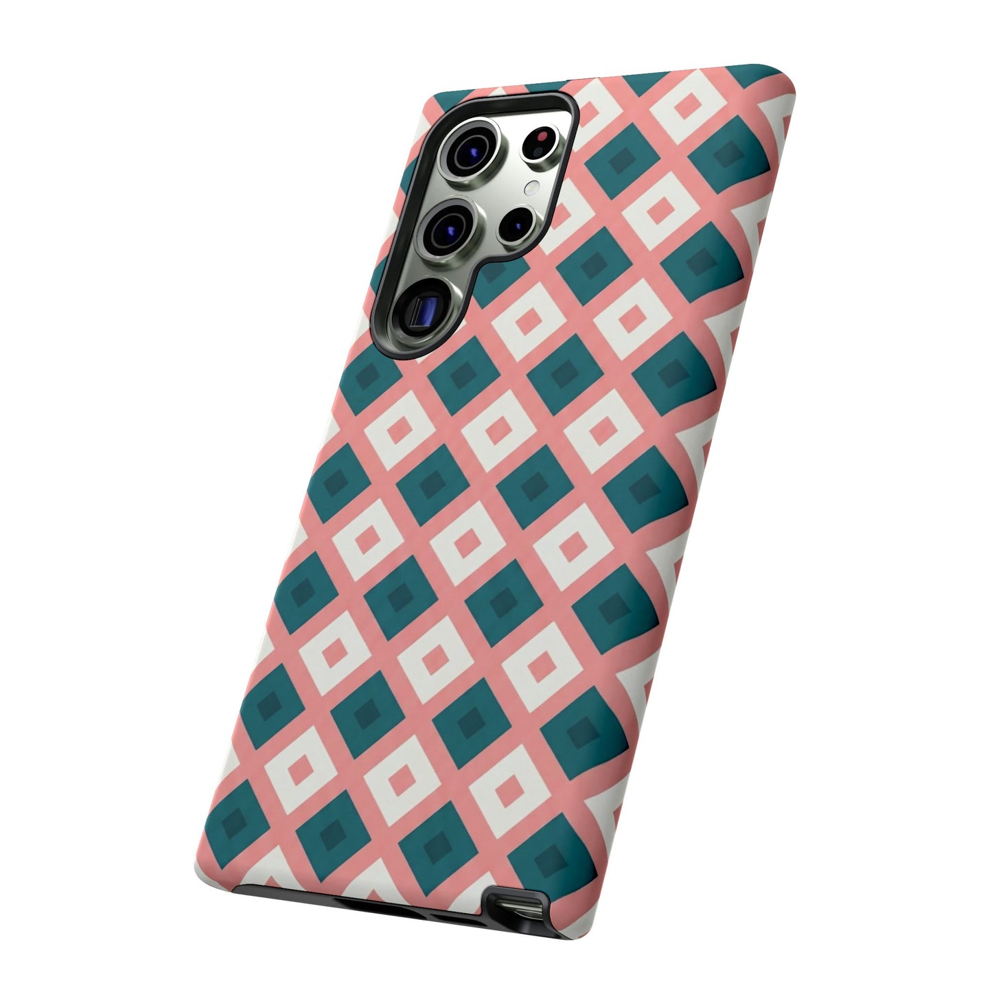 Geometric Diamond Pattern Tough Phone Case — Retro Pink & Teal Protective Cover