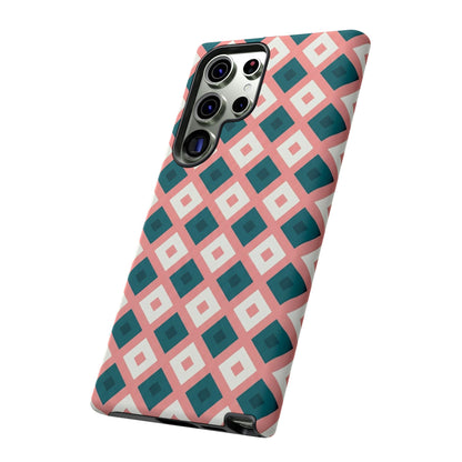 Geometric Diamond Pattern Tough Phone Case — Retro Pink & Teal Protective Cover