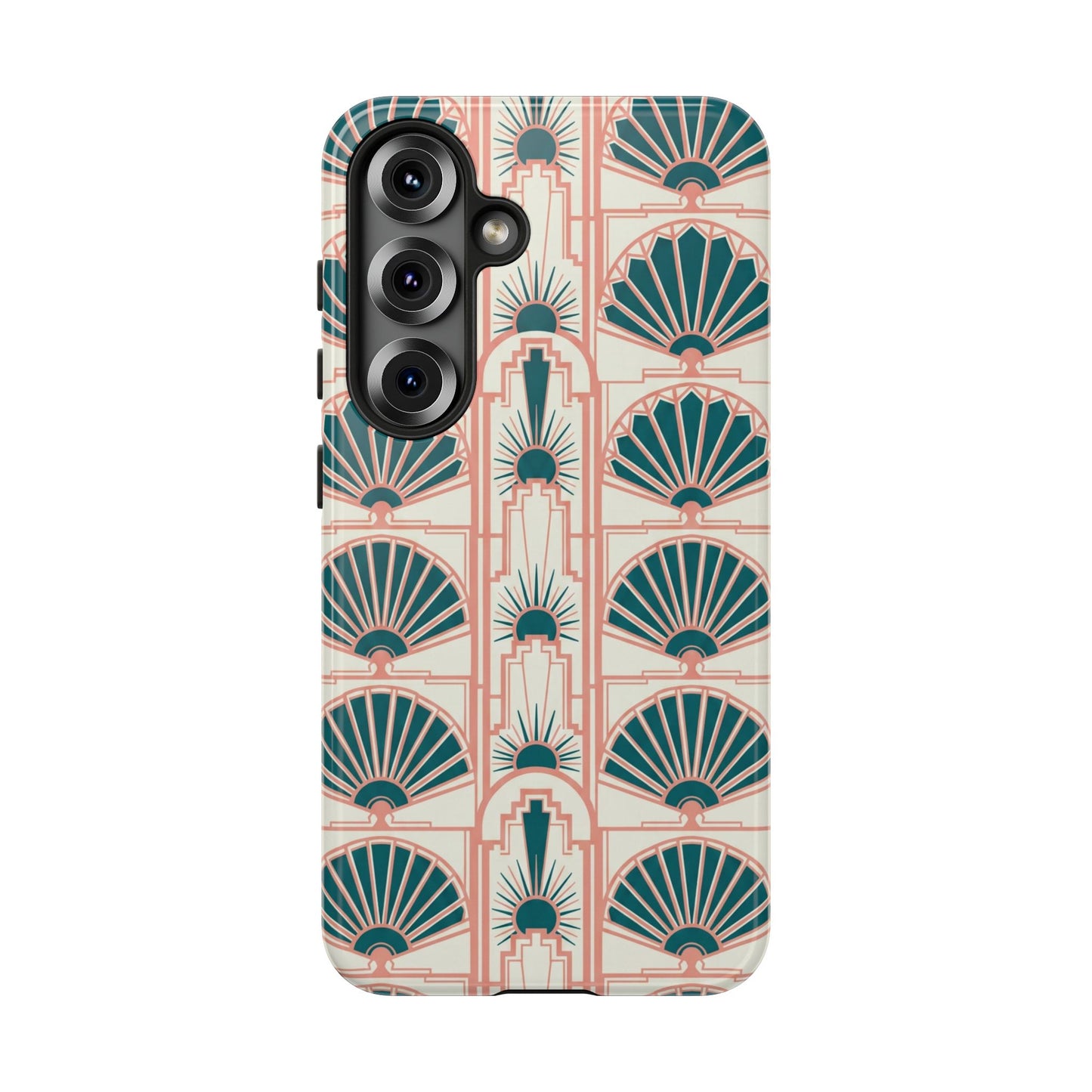 Art Deco Fan Pattern Tough Phone Case — Teal & Blush Retro Protection