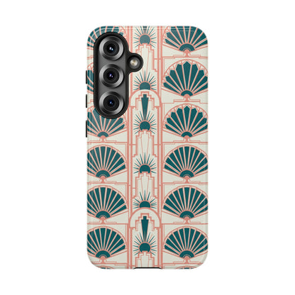 Art Deco Fan Pattern Tough Phone Case — Teal & Blush Retro Protection