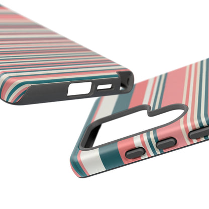 Striped Tough Phone Case — Coral, Teal & White Protective Cover