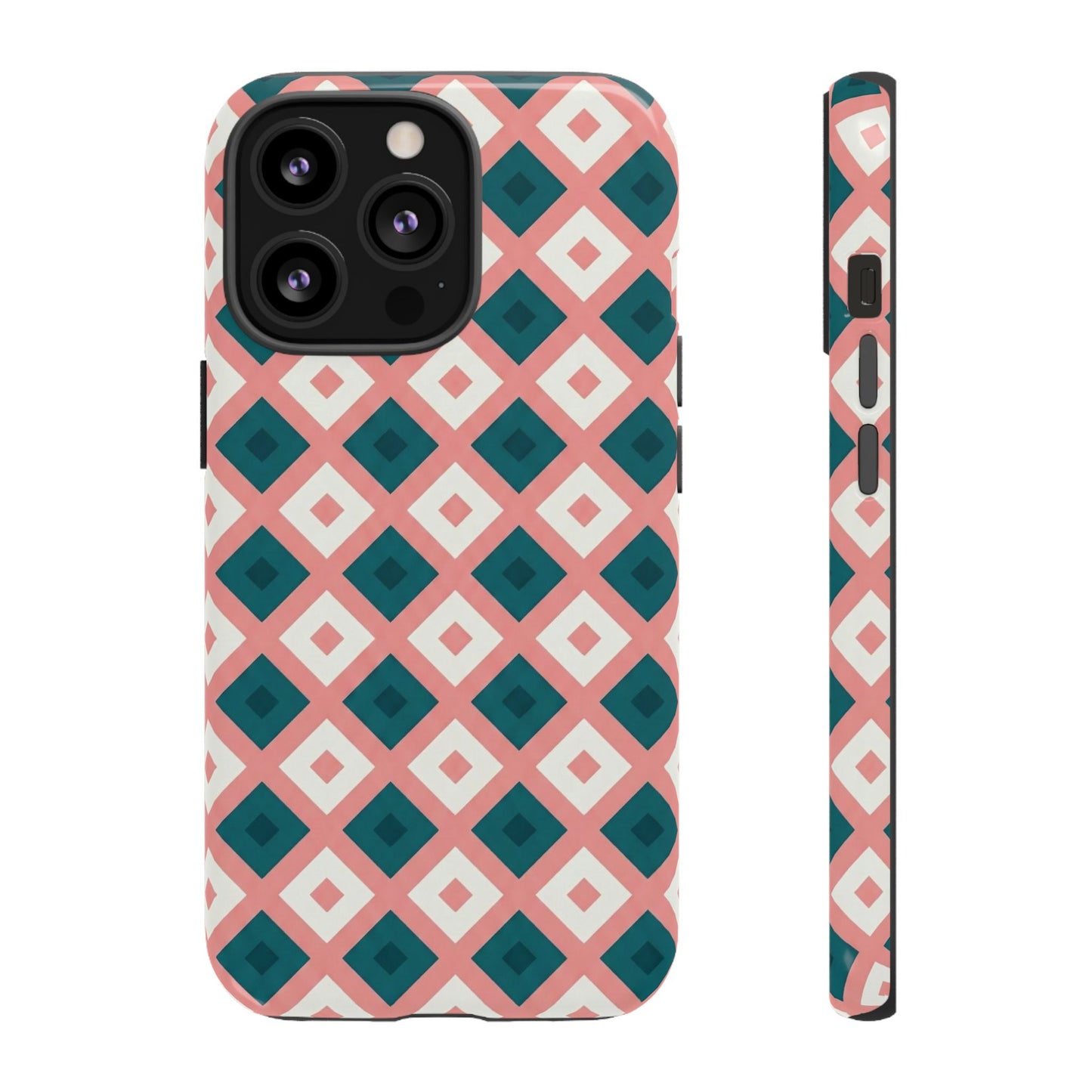 Geometric Diamond Pattern Tough Phone Case — Pink & Teal Protective Cover