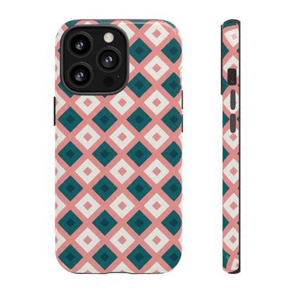 Geometric Diamond Pattern Tough Phone Case — Pink & Teal Protective Cover