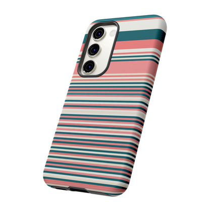 Striped Tough Phone Case — Coral, Teal & White Protective Cover