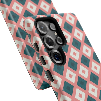 Geometric Diamond Pattern Tough Phone Case — Retro Pink & Teal Protective Cover