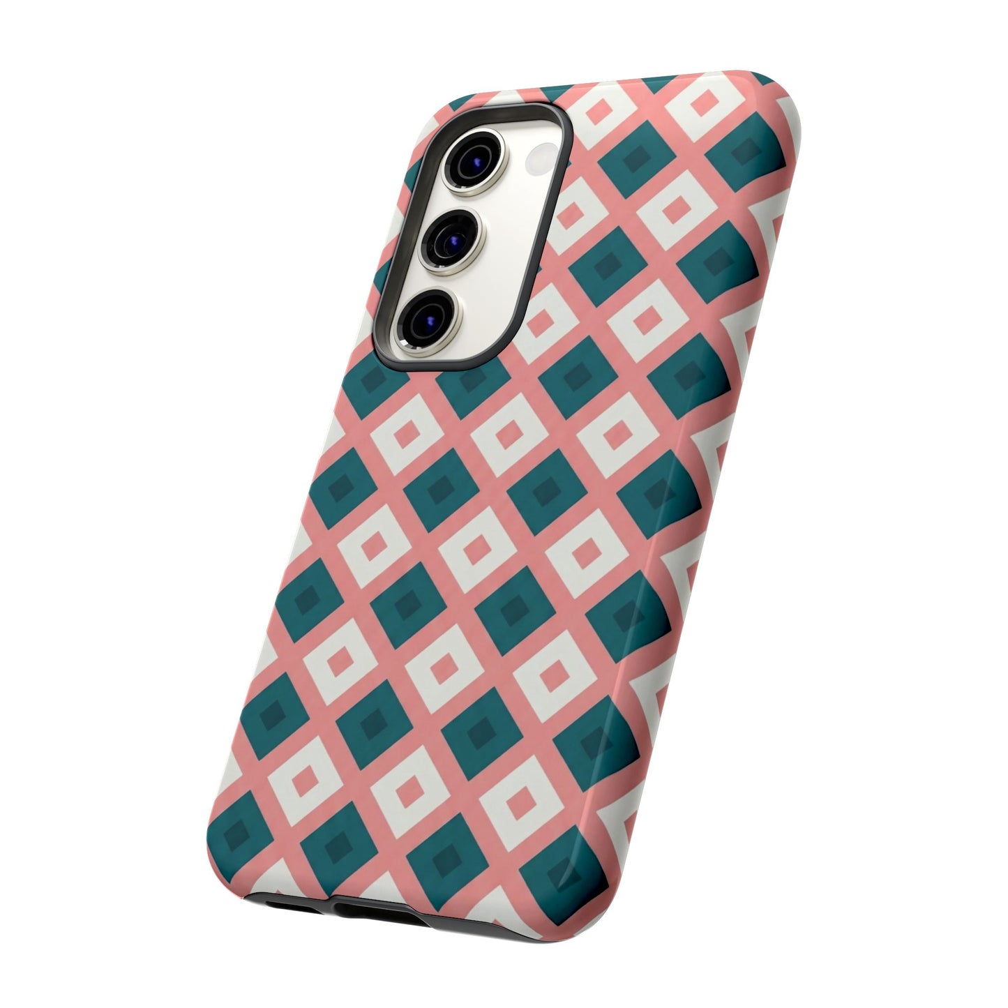 Geometric Diamond Pattern Tough Phone Case — Retro Pink & Teal Protective Cover