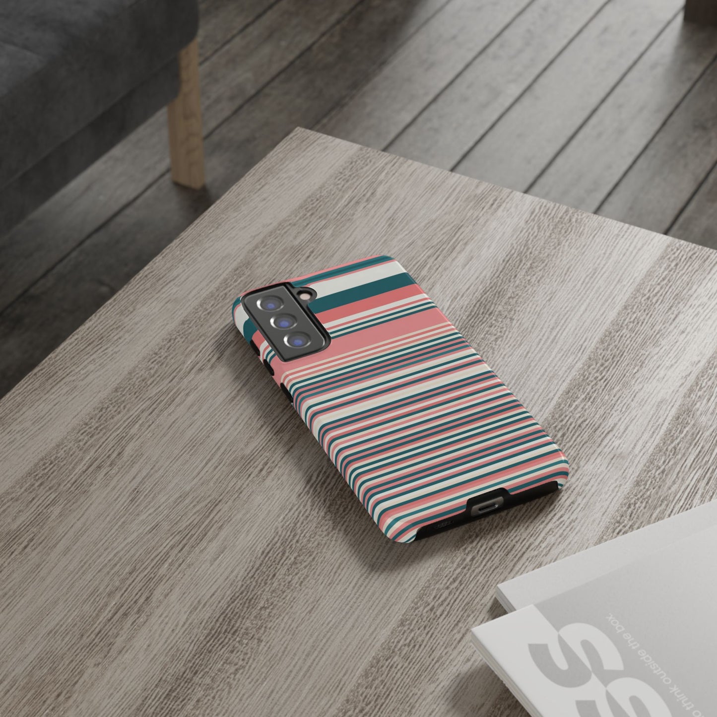 Striped Tough Phone Case — Coral, Teal & White Protective Cover