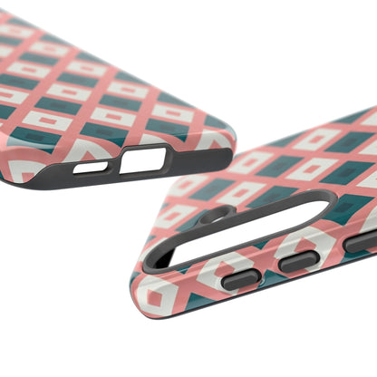 Geometric Diamond Pattern Tough Phone Case — Retro Pink & Teal Protective Cover